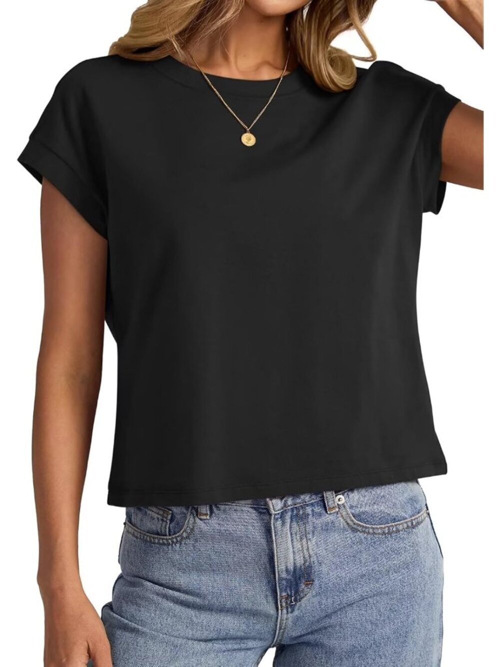 〽️Women's Black Cap Sleeve Crewneck Loose Fit Casual Summer Pull On Crop Tops